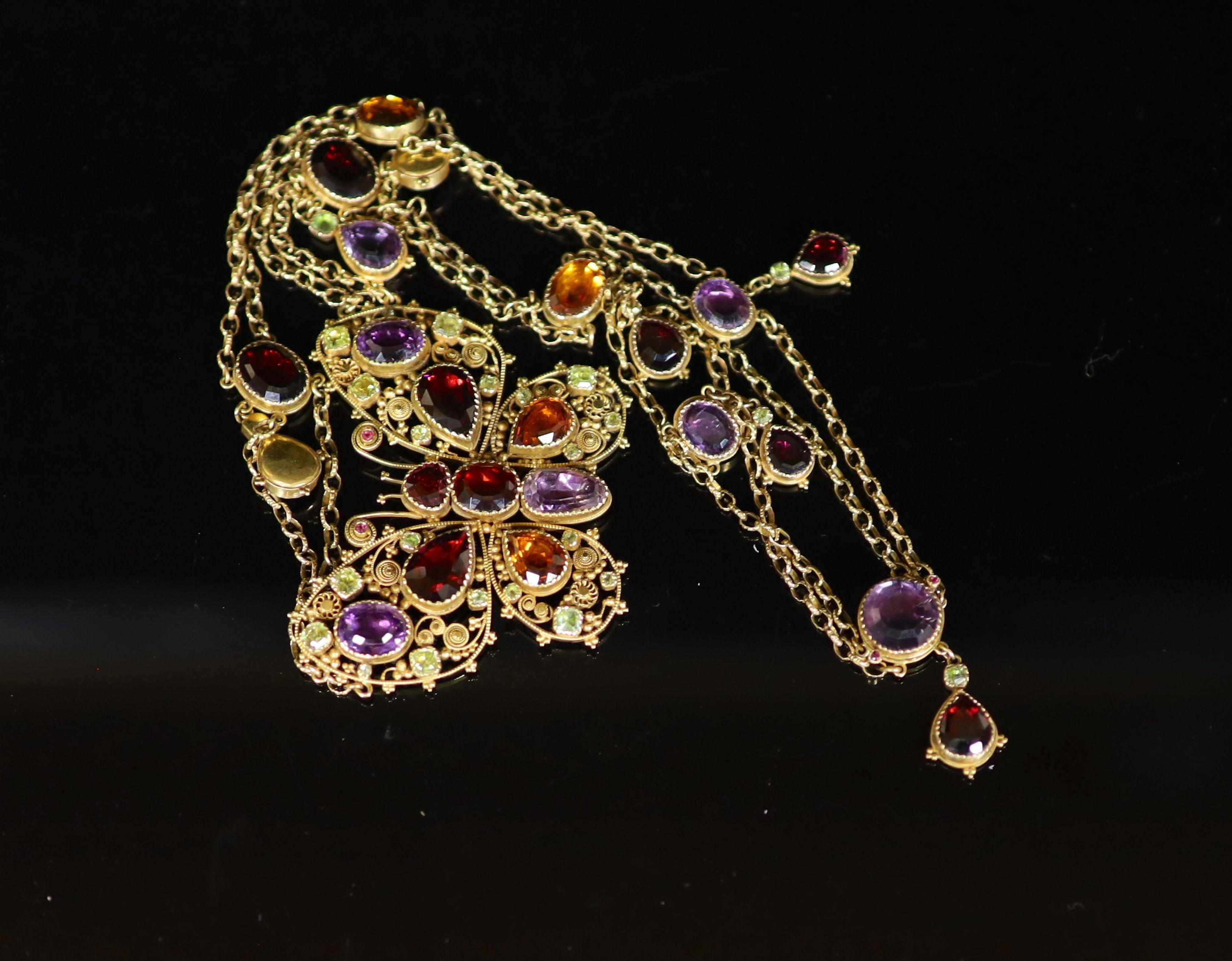 A 19th century gold and multi gem set twin strand necklace, with pendant modelled as a butterfly